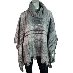 Roots Canada Poncho One Size Wool Blend Fringe Cowl Neck Cape Plaid Gray Sweater